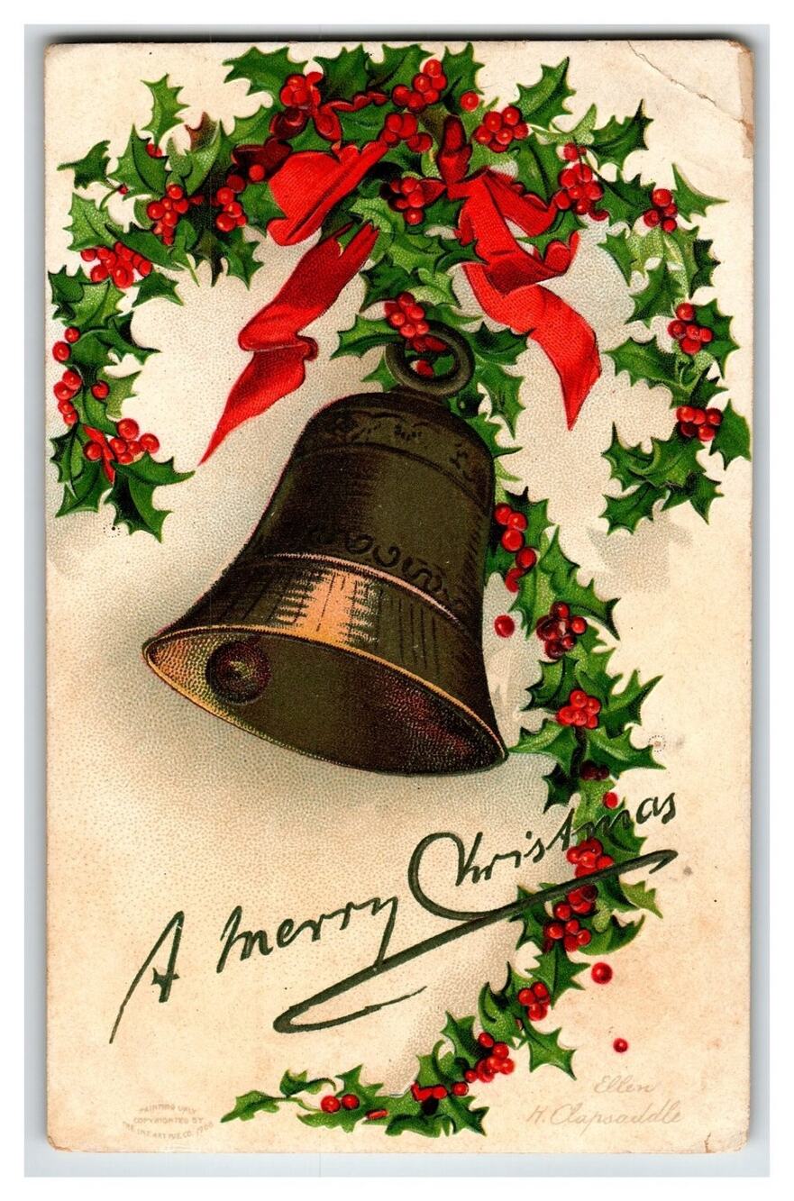 Ellen Clapsaddle Christmas Bell Holly Wreath Postcard 1908 Embossed